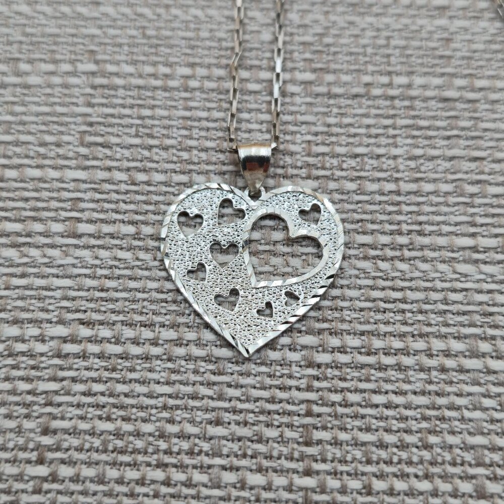 24 Inch Sterling Silver Large Textured Unique Heart Necklace A5946 - Picture 3 of 8
